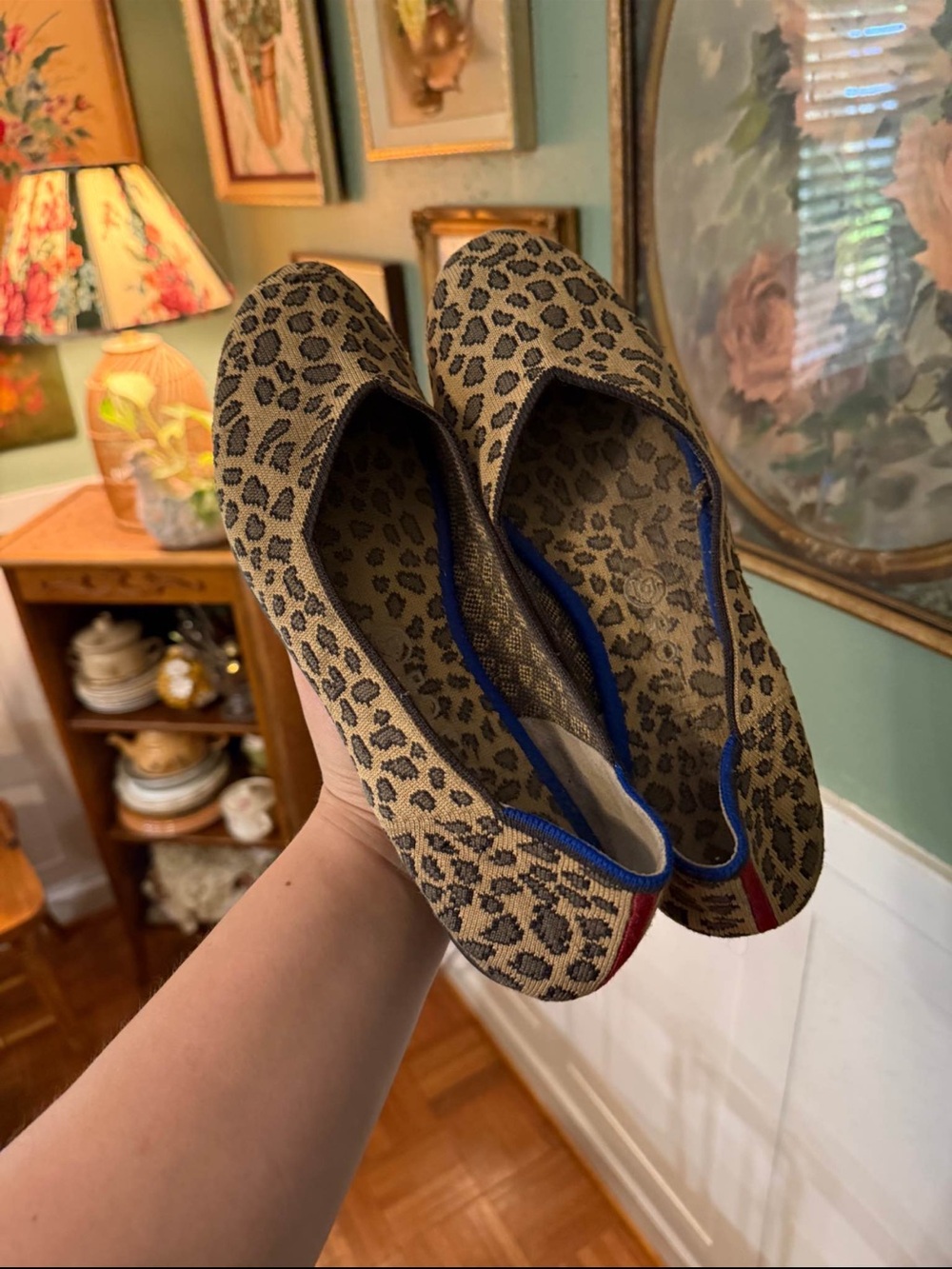 Rothy's Leopard-Print Flats in Tan and Black with Blue Trim